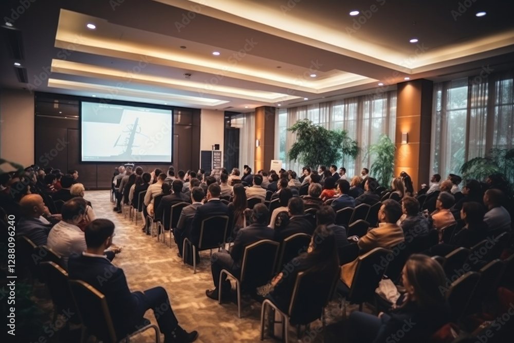 Blurred conference hall with people, for business meeting, conference room in the hotel ready for participants Blurred conference hall with people, for business meeting, conference room in the hotel ready for participants
