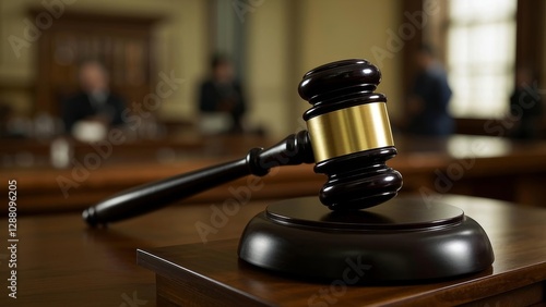 Close-up of a gavel resting on a wooden bench in a courtroom, symbolizing justice, legal decisions, and courtroom authority. Concept of law, order, and judicial system.