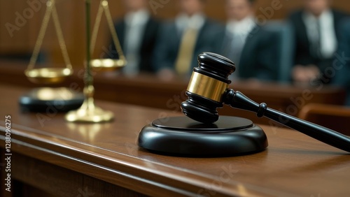 Close-up of a gavel resting on a wooden bench in a courtroom, symbolizing justice, legal decisions, and courtroom authority. Concept of law, order, and judicial system.