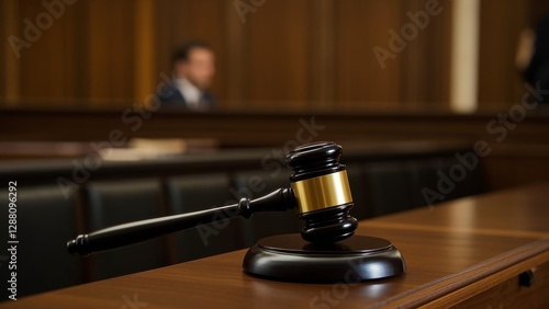 Close-up of a gavel resting on a wooden bench in a courtroom, symbolizing justice, legal decisions, and courtroom authority. Concept of law, order, and judicial system.
