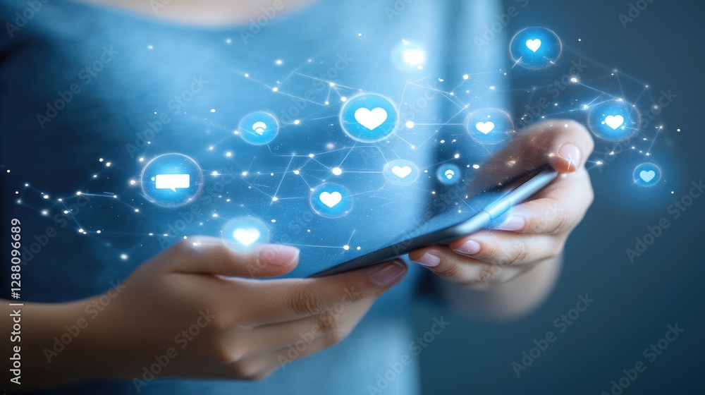 Glowing social media icons hovering over a female hand holding a smartphone, high-tech blue backdrop Glowing social media icons hovering over a female hand holding a smartphone, high-tech blue backdrop