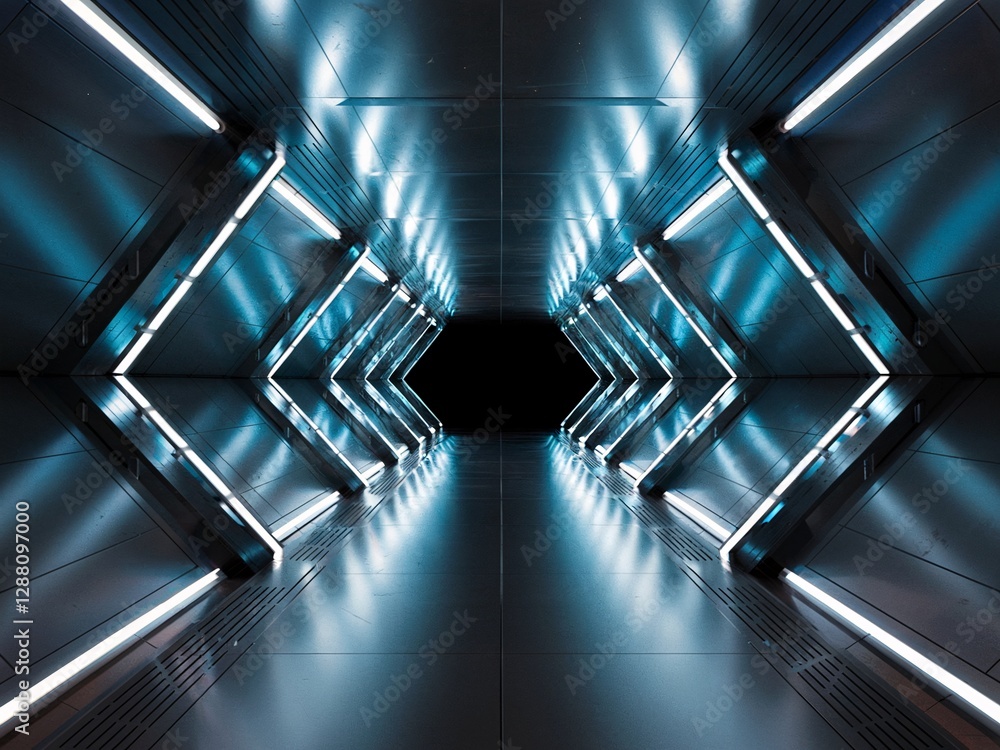 Naklejka premium A symmetric futuristic corridor illuminated with neon blue lights creating a striking visual impression