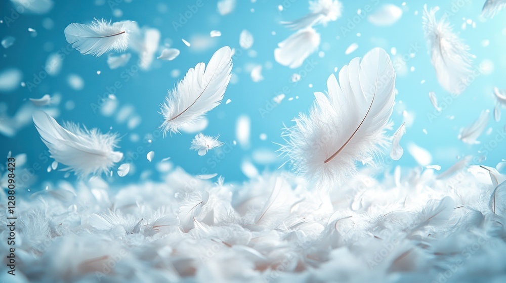Floating Feathers on a Soft Blue Background Floating Feathers on a Soft Blue Background