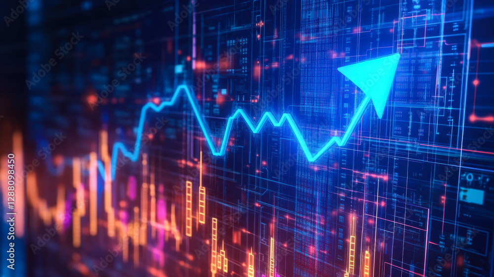 Stock market graph showing upward trend with bright blue lines against a dark background representing financial data analysis Stock market graph showing upward trend with bright blue lines against a dark background representing financial data analysis