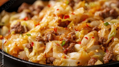 Sizzling Stir-Fry with Cabbage and Ground Meat in Cast Iron Skillet