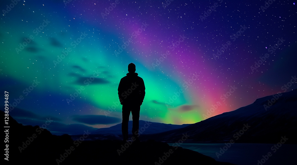 Fototapeta premium Silhouette of a guy with the beautiful colorful northern lights falling from the sky in Iceland in a stunning clear and nice lights with the sky full of stars. Aurora borealis. Travel concepts