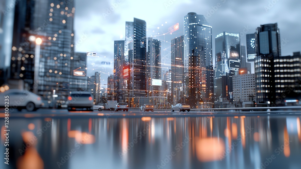 Fototapeta premium Futuristic city skyline illuminated at night, reflecting lights on wet pavement in an urban landscape.