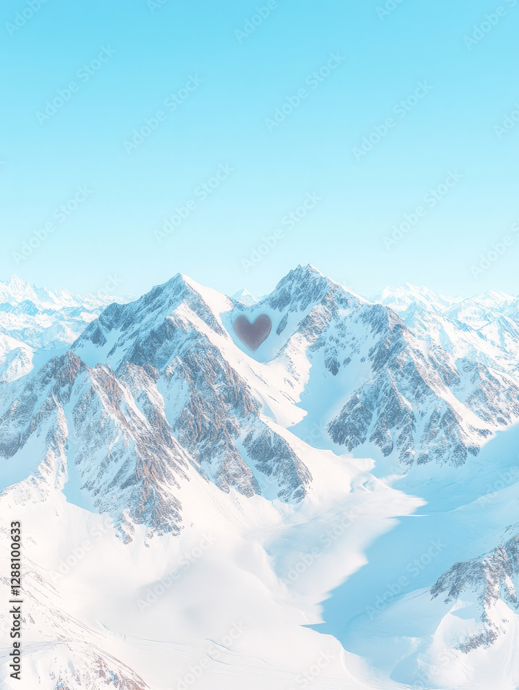 Fototapeta premium Heart-shaped snowdrift nestled in a majestic snow-capped mountain range. Serene winter landscape.