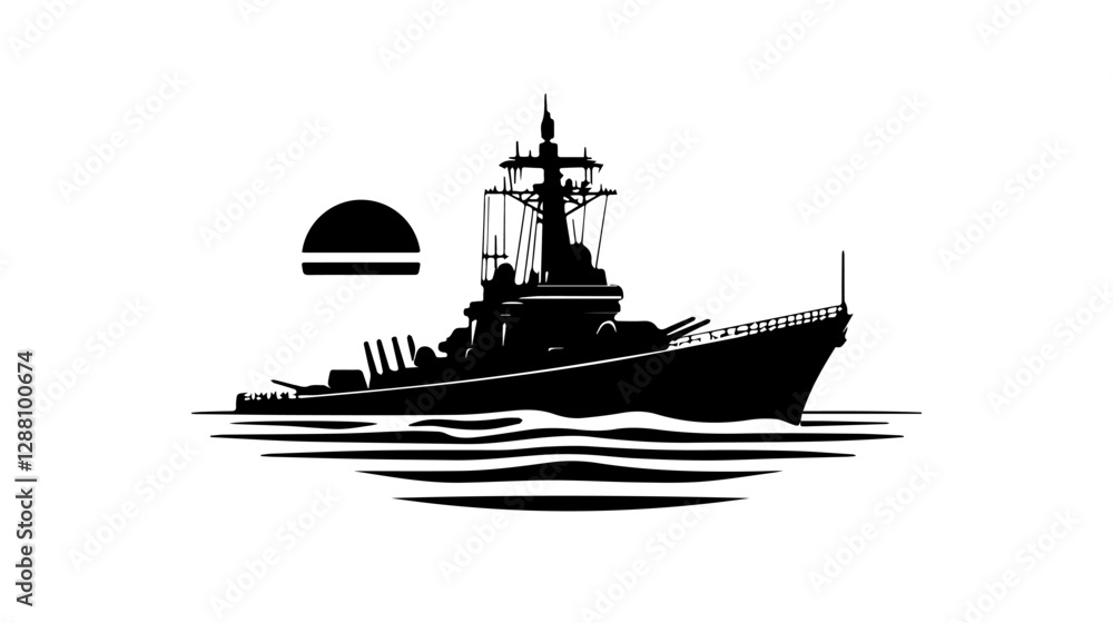 Obraz premium Black and white illustration of a warship. Ship. Navy.