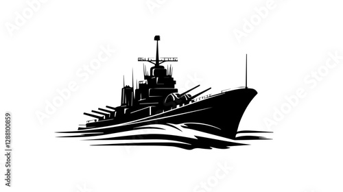 Black and white illustration of a warship. Ship. Navy.