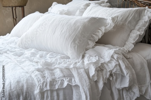 Cozy White Linen Bedding with Ruffled Pillows in Sunlit Bedroom