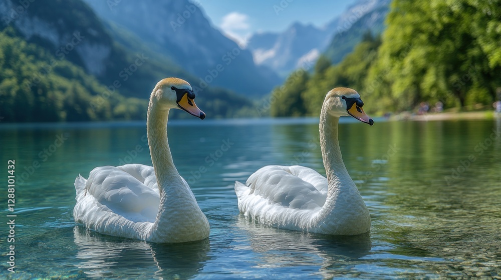 Fototapeta premium Two swans on a mountain lake