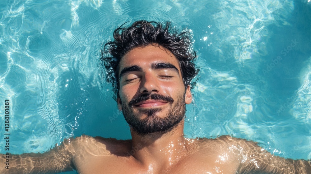 Charming man enjoys a peaceful moment in a refreshing pool Charming man enjoys a peaceful moment in a refreshing pool