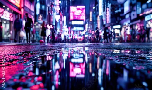 Wallpaper Mural Neon City Street at Night with Reflections on Wet Pavement Torontodigital.ca