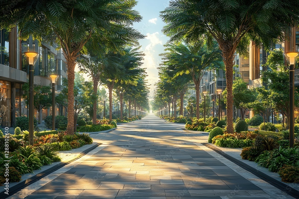 Fototapeta premium Urban avenue, lush trees, sunny day, shopping district, ideal for commercial use