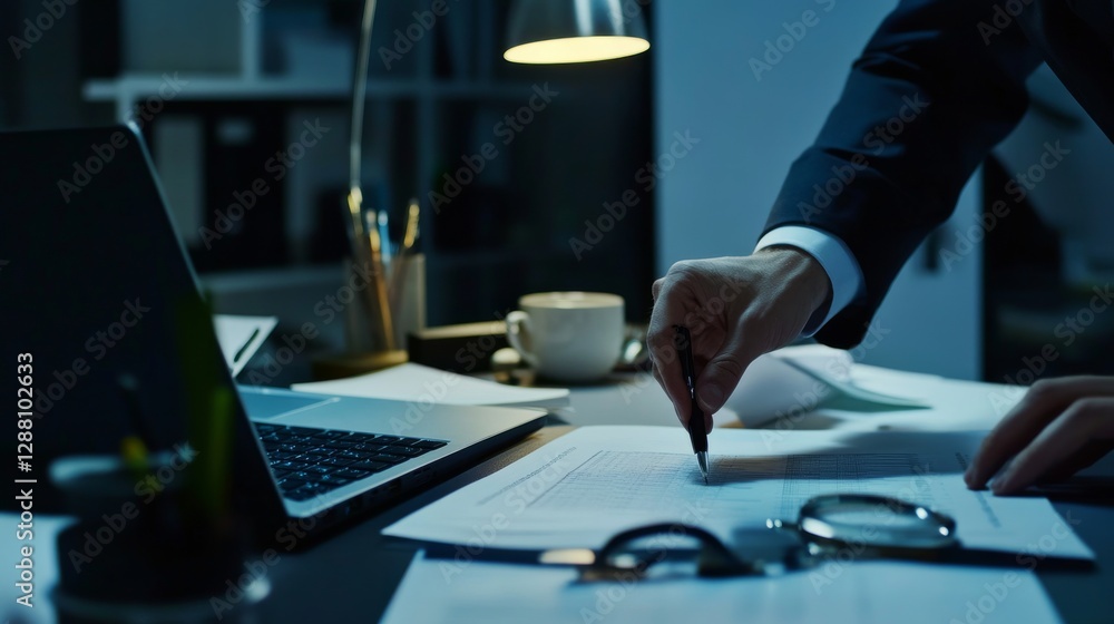 Naklejka premium A forensic accountant investigating suspicious transactions for money laundering in a modern office. Featuring attention to detail and focus