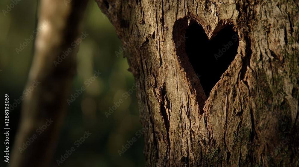 Fototapeta premium In the midst of a vibrant green forest, a tree trunk has organically developed a heart formation, serving as a perfect Valentine's Day background with room for text