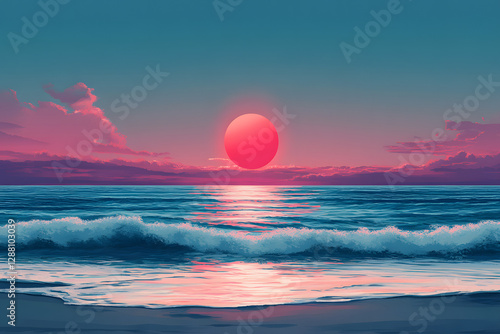 Pink Sunset Ocean Waves Crashing Shore photo