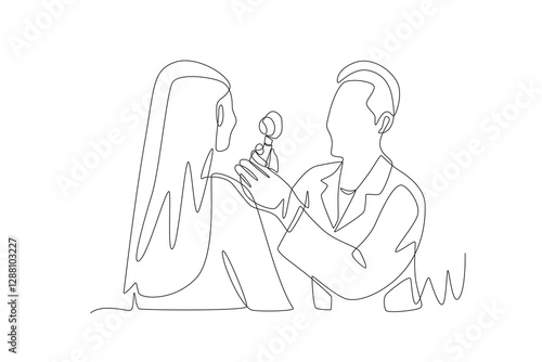 A dermatologist is examining the facial skin of a female patient. Visiting dermatologists concept one-line drawing