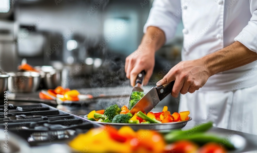 Chef Cooking Fresh Vegetables in a Professional Kitchen Chef Cooking Fresh Vegetables in a Professional Kitchen