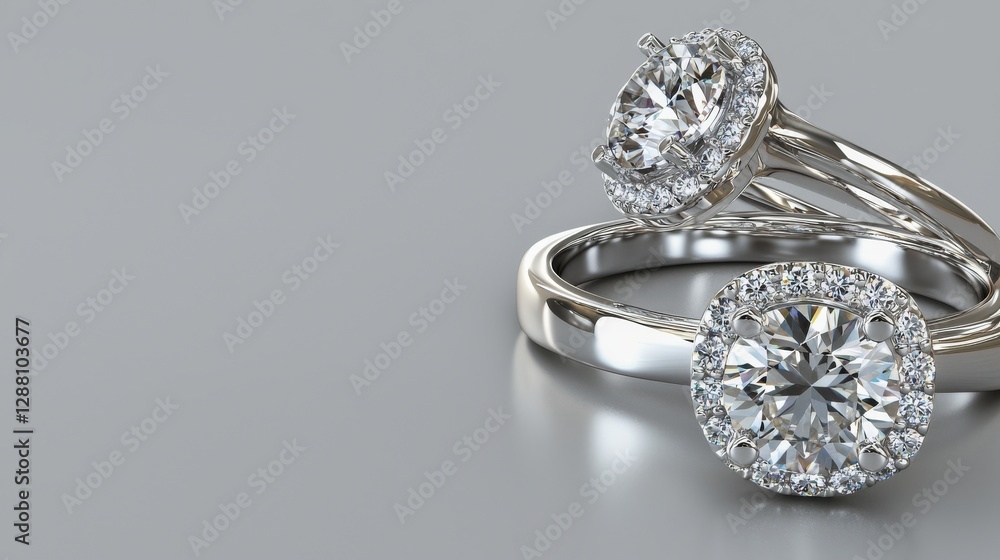 Three different diamond rings made of white gold or silver are depicted in a 3D illustration with reflection Three different diamond rings made of white gold or silver are depicted in a 3D illustration with reflection