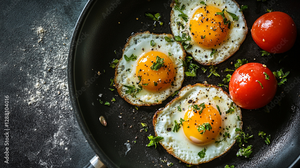 Delicious fried eggs with tomatoes and herbs in a pan breakfast food red meal dish tasty lunch green Delicious fried eggs with tomatoes and herbs in a pan breakfast food red meal dish tasty lunch green
