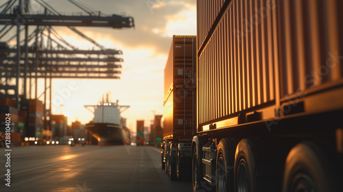 Wallpaper Mural Global Logistics: A dynamic scene captures the hustle and bustle of a modern port, where massive container trucks line up under a sunlit sky, ready for loading and delivery. Torontodigital.ca