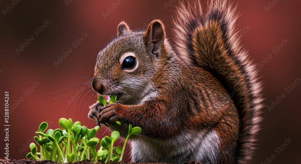 Obraz premium Close-up of a squirrel eating young sprouts in nature