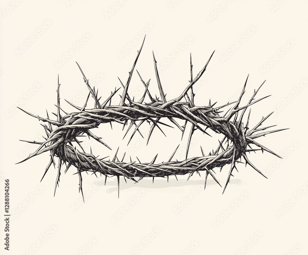 Fototapeta premium Vintage Crown of Thorns: Elegant Botanical Illustration, Perfect for Religious, Spiritual, or Artistic Designs. A Detailed, Ornate Depiction of a 