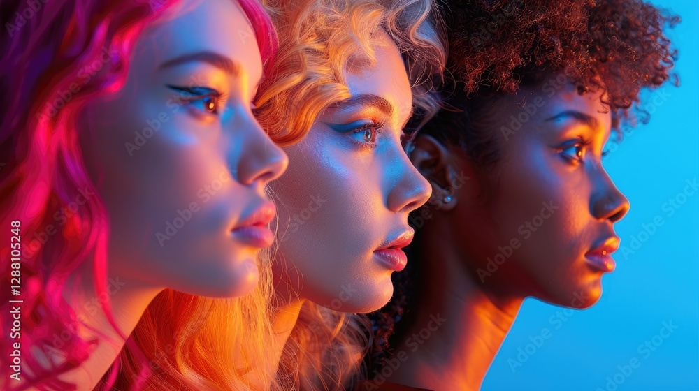 Three girls stand in profile against a colorful background, highlighting their unique hairstyles and features in striking lighting. International Women's Day. Three girls stand in profile against a colorful background, highlighting their unique hairstyles and features in striking lighting. International Women's Day.