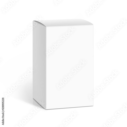 Realistic white closed paperboard box mockup. Half side view. Vector illustration isolated on white background. Taking your 2D designs into 3D. Can be use for pharmacy, cosmetic, food. EPS10.