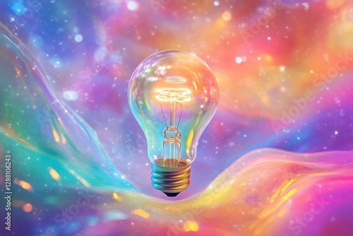 whimsical illustration of a floating lightbulb surrounded by spiraling rainbow energy waves and magical sparkles