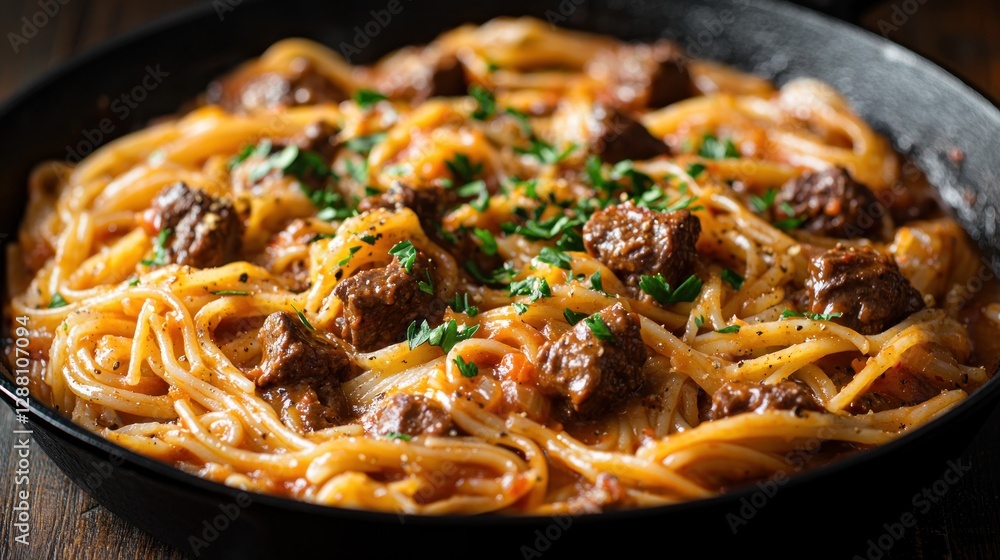 Fototapeta premium Beef and Tomato Spaghetti in Pan on Wooden Table