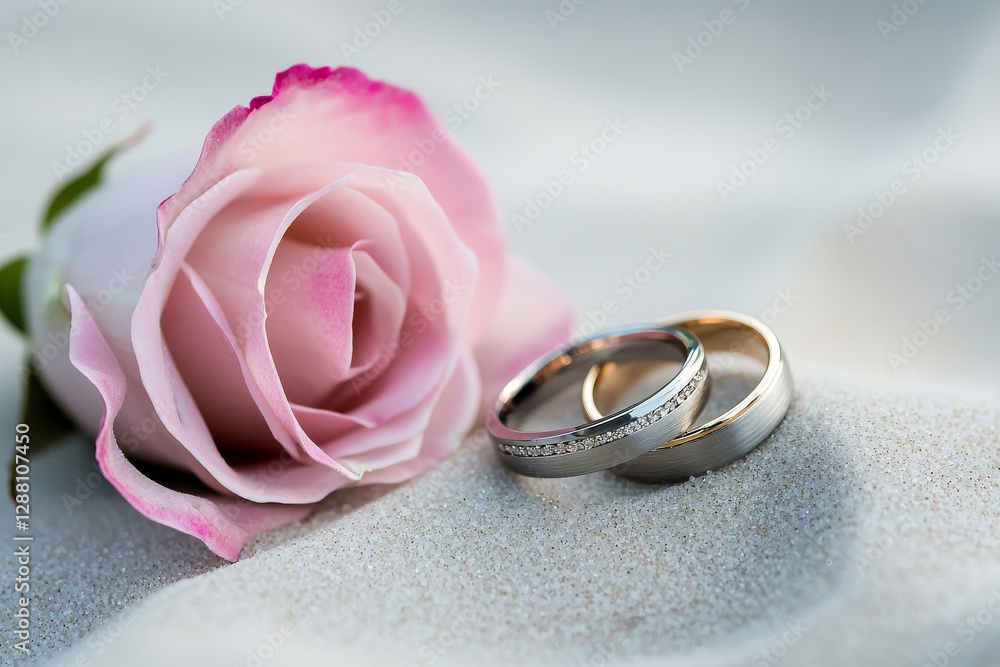 The scene is set with a wedding background that includes gold rings, soft flowers, and a small pin The scene is set with a wedding background that includes gold rings, soft flowers, and a small pin