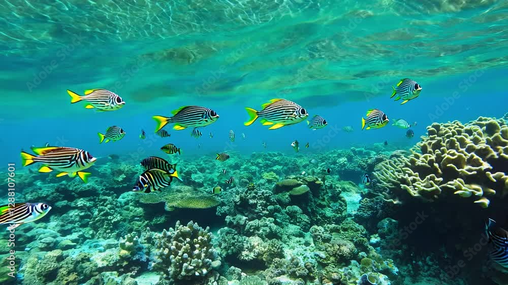 Experience a vibrant coral reef video, fish darting in clear, natural light, 360-degree view, dynamic energy Experience a vibrant coral reef video, fish darting in clear, natural light, 360-degree view, dynamic energy