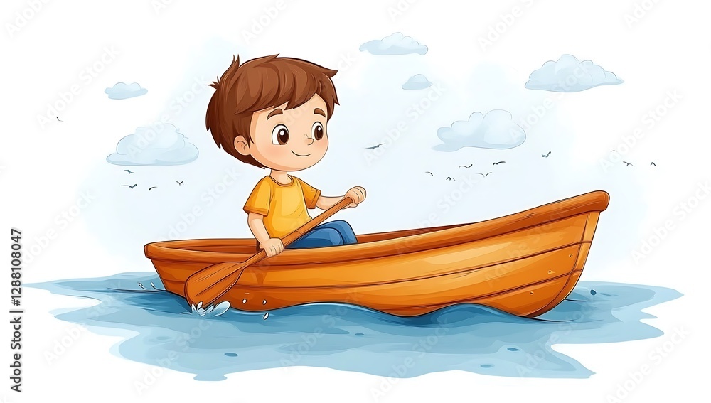 Naklejka premium Cute Boy Rowing a Boat on a Sunny Day