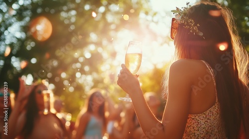 Young woman holding sparkling wine at sunset beach party