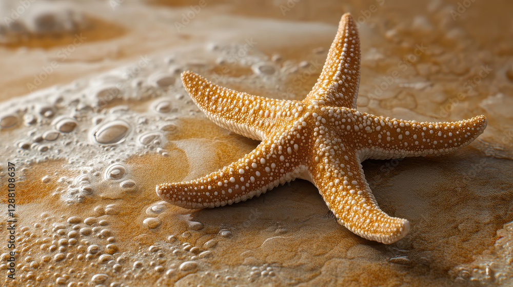 A carefully arranged starfish on a smooth, uniform-colored surface, photographed with a shallow depth of field A carefully arranged starfish on a smooth, uniform-colored surface, photographed with a shallow depth of field