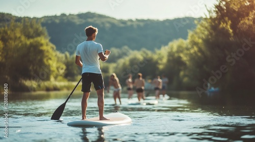 Man paddle boarding on river with friends in background on sunny day