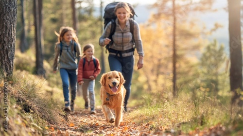 Happy family hiking with dog in autumn forest