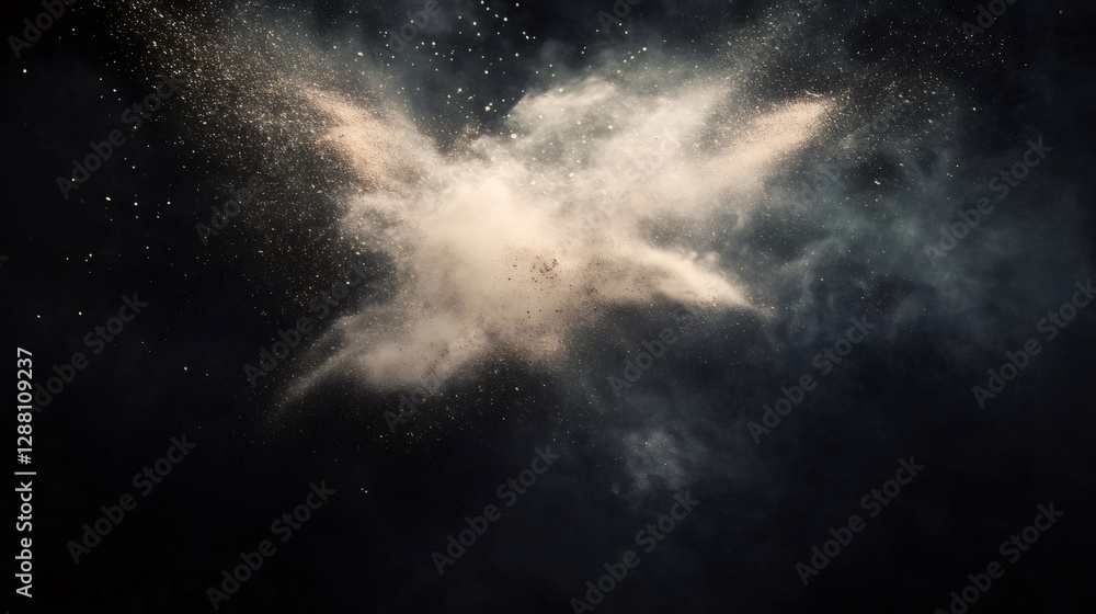 White powder exploding on black background creating abstract shapes White powder exploding on black background creating abstract shapes