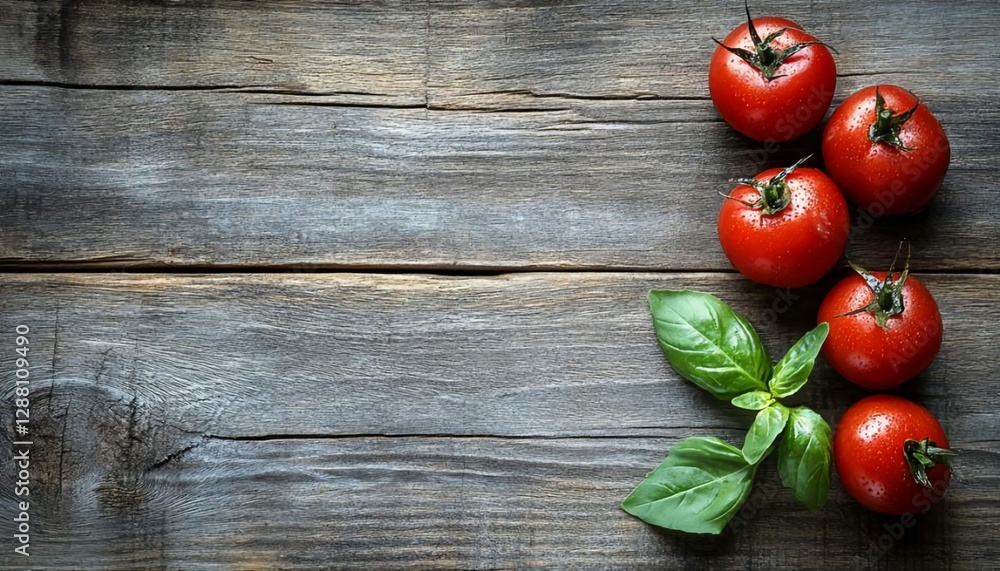 Fresh Tomatoes and Basil Leaves on Rustic Wooden Table Background Fresh Tomatoes and Basil Leaves on Rustic Wooden Table Background