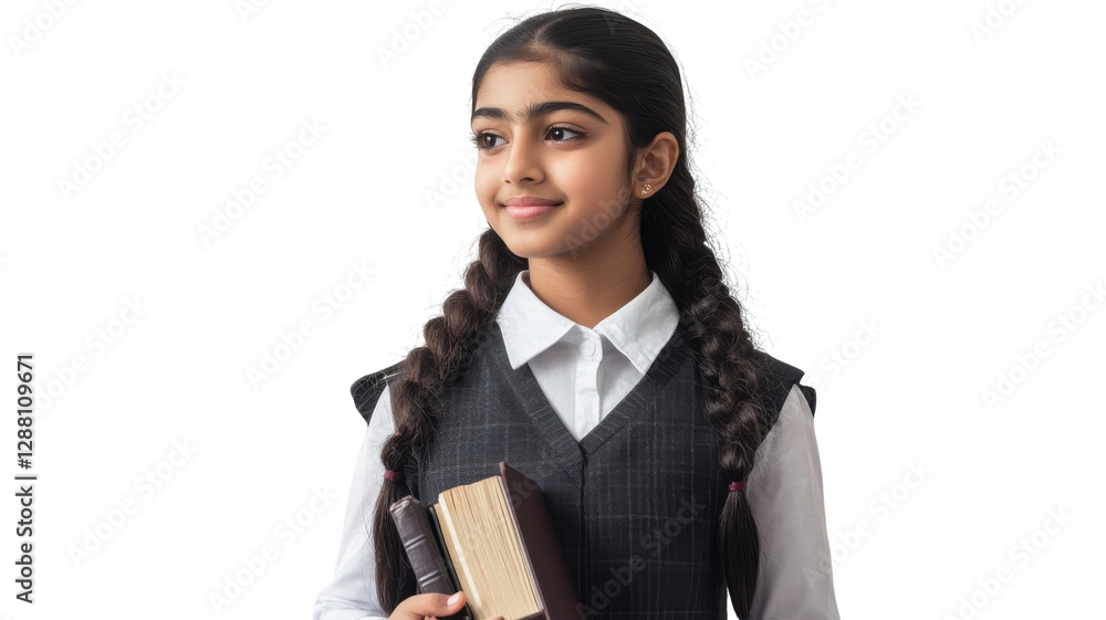 Young student smiles while holding books, representing enthusiasm for learning in a school environment