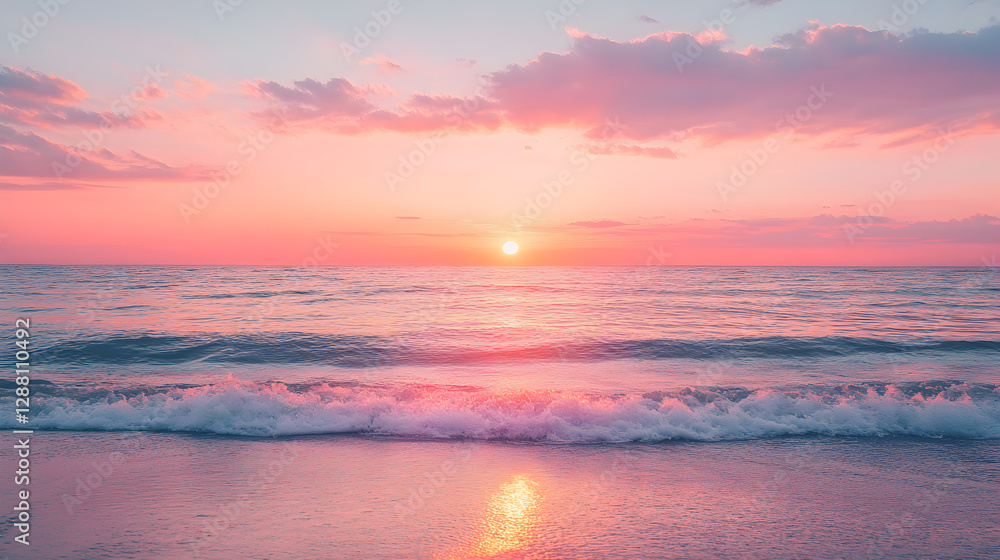 Obraz premium sunset over a calm ocean with waves gently reflecting the warm tones of the sky 