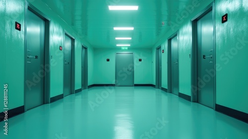 Green hallway  sterile doors  medical facility
