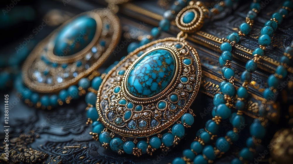 Artistic Representation of Turquoise Stone Accessories with Elaborate Vintage Designs on a Contrasting Background Artistic Representation of Turquoise Stone Accessories with Elaborate Vintage Designs on a Contrasting Background