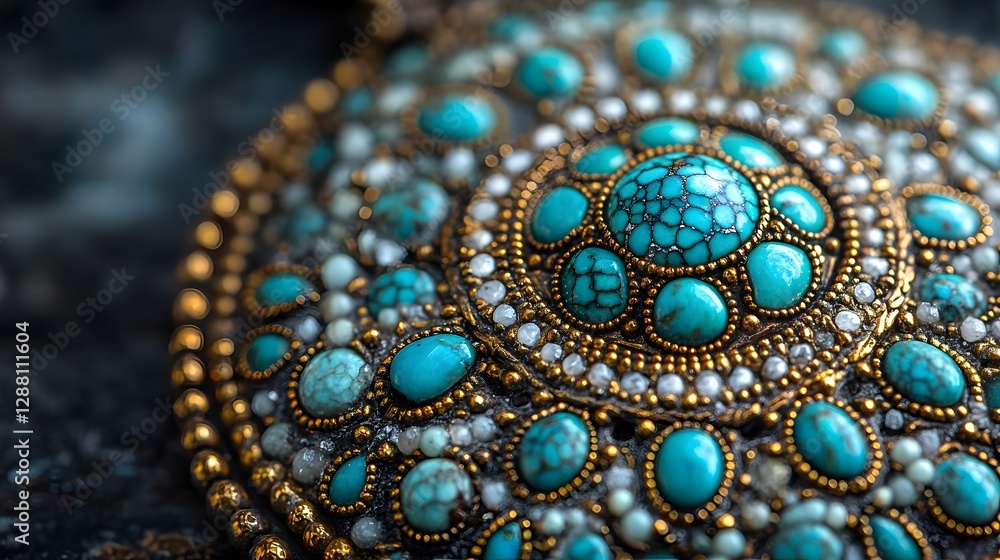 Elegant Close-Up of a Fashionable Turquoise Stone Accessory with Intricate Vintage Details and Artistic Background Elegant Close-Up of a Fashionable Turquoise Stone Accessory with Intricate Vintage Details and Artistic Background