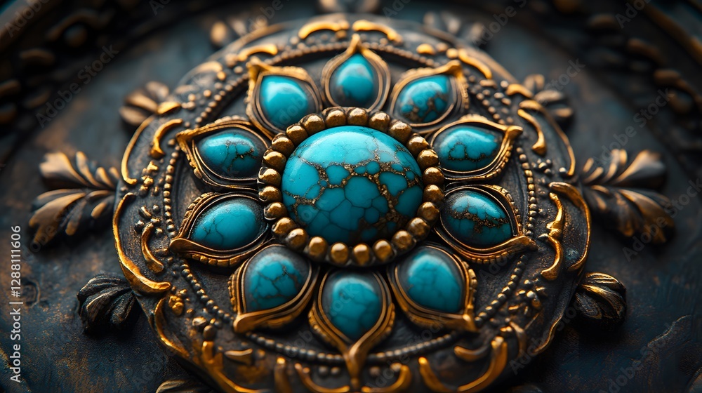 Elegant Close-Up of a Fashionable Turquoise Stone Accessory with Intricate Vintage Details and Artistic Background Elegant Close-Up of a Fashionable Turquoise Stone Accessory with Intricate Vintage Details and Artistic Background