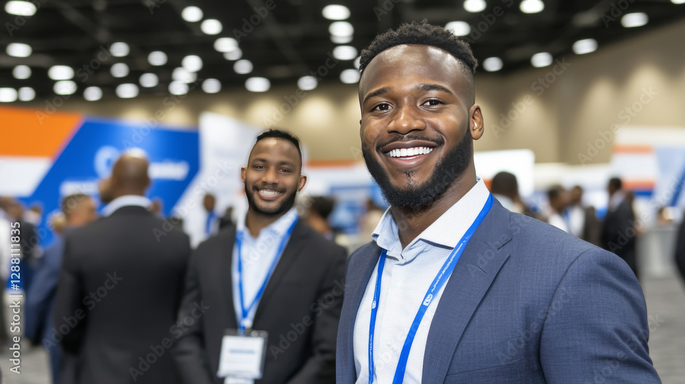 group of businesspeople attending conference, with two men in focus wearing suits and name badges, smiling in well lit conference hall group of businesspeople attending conference, with two men in focus wearing suits and name badges, smiling in well lit conference hall