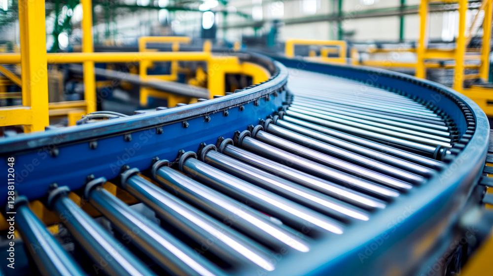 Curved industrial conveyor belt in a modern factory